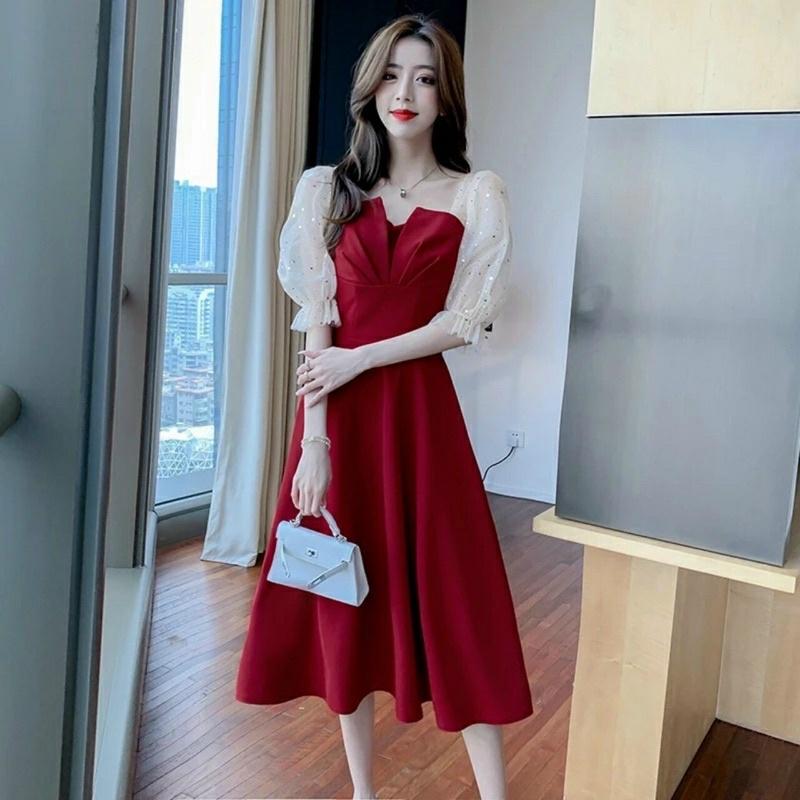 Đầm xoè cổ vuông xếp ly ngực, tay lỡ phong cách tiểu thư dịu dàng sang chảnh