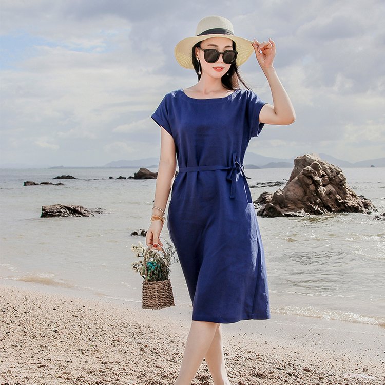 Đầm linen nữ , đầm suông thiết kế trơn basic kèm dây thắt eo, thời trang nữ đi làm, đi chơi Da84