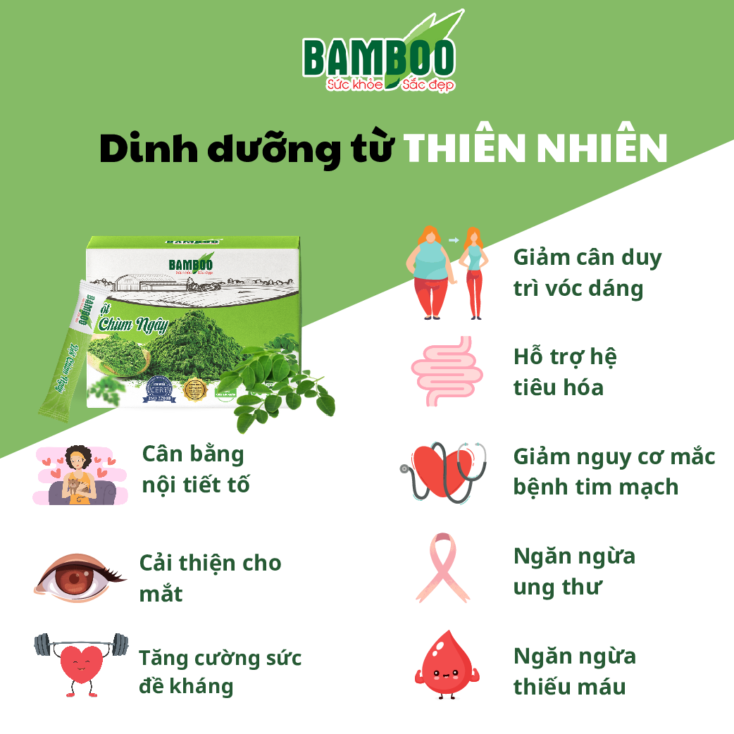 Bột Chùm ngây Bamboo nguyên chất, siêu mịn hộp 60g/ 20 gói Hỗ trợ tăng cường sức đề kháng