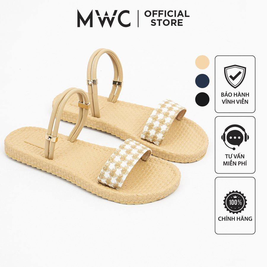 Giày Nữ MWC 2961 - Giày Sandal Quai Ngang Vải Caro Đế Bằng Thời Trang