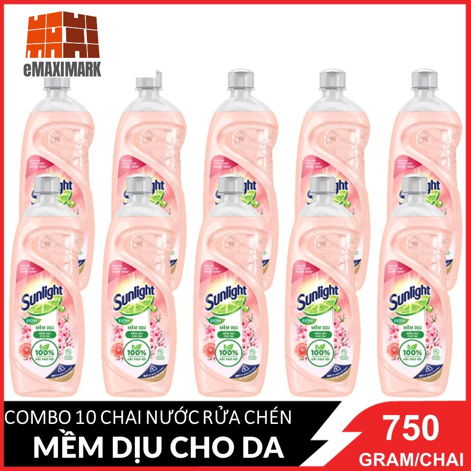 COMBO 10 Chai Nước rửa ch&eacuten Sunlight Mềm Dịu Hương Bưởi T&acircy & Hoa Anh Đ&agraveo chai 750gx10