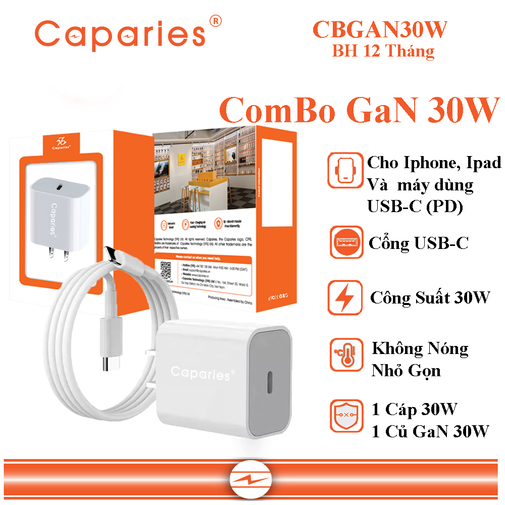 Combo Củ Sạc và Cáp Sạc Gan 30W CAPARIES CBGAN30W cho Iphone 13 trở lên, Ipad và các dòng điện thoại dùng cổng USB-C (PD) - Hàng Chính Hãng