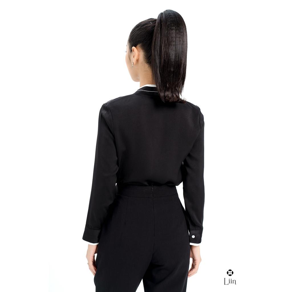 ✹✜Áo sơ mi nữ dài tay form công sở màu Trắng Cổ Tàu kết hợp viền đen thanh lịch Liin Clothing SM3565
