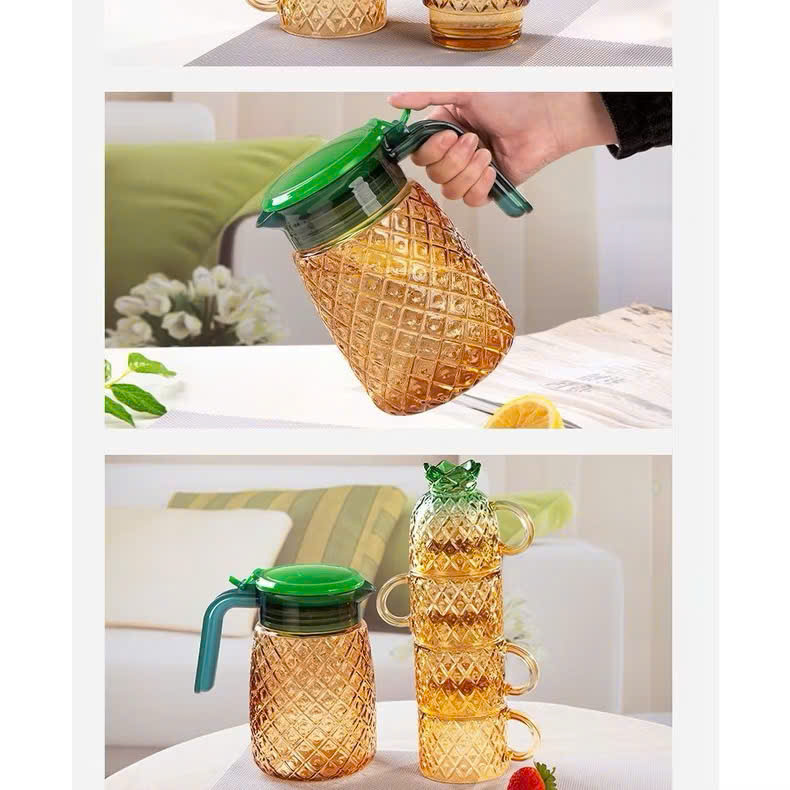 Bộ Bình 4 Cốc Ly Thủy Tinh Hình Quả Dứa Màu Hổ Phách, Bình Chịu Nhiệt Tốt, Trang Trí - HÀNG CHÍNH HÃNG MINIIN