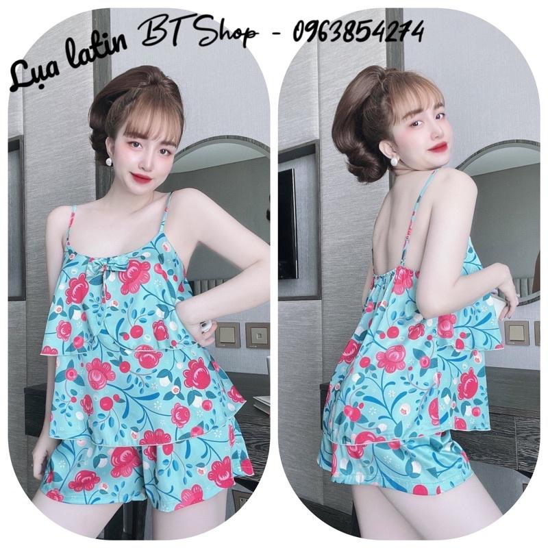 Đồ ngủ mặc nhà lụa latin 2 dây đùi hoạ tiết freesize 42-57kg