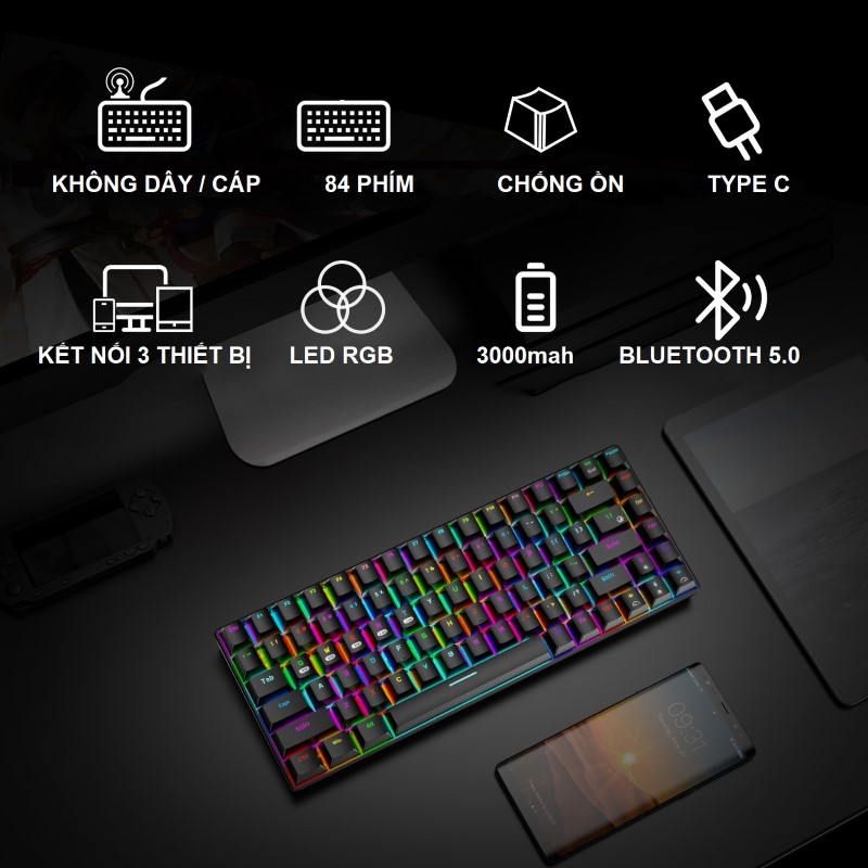 Bàn Phím Cơ không dây mini Đa kết nối RF84 Led RGB White Gaming cho máy tính