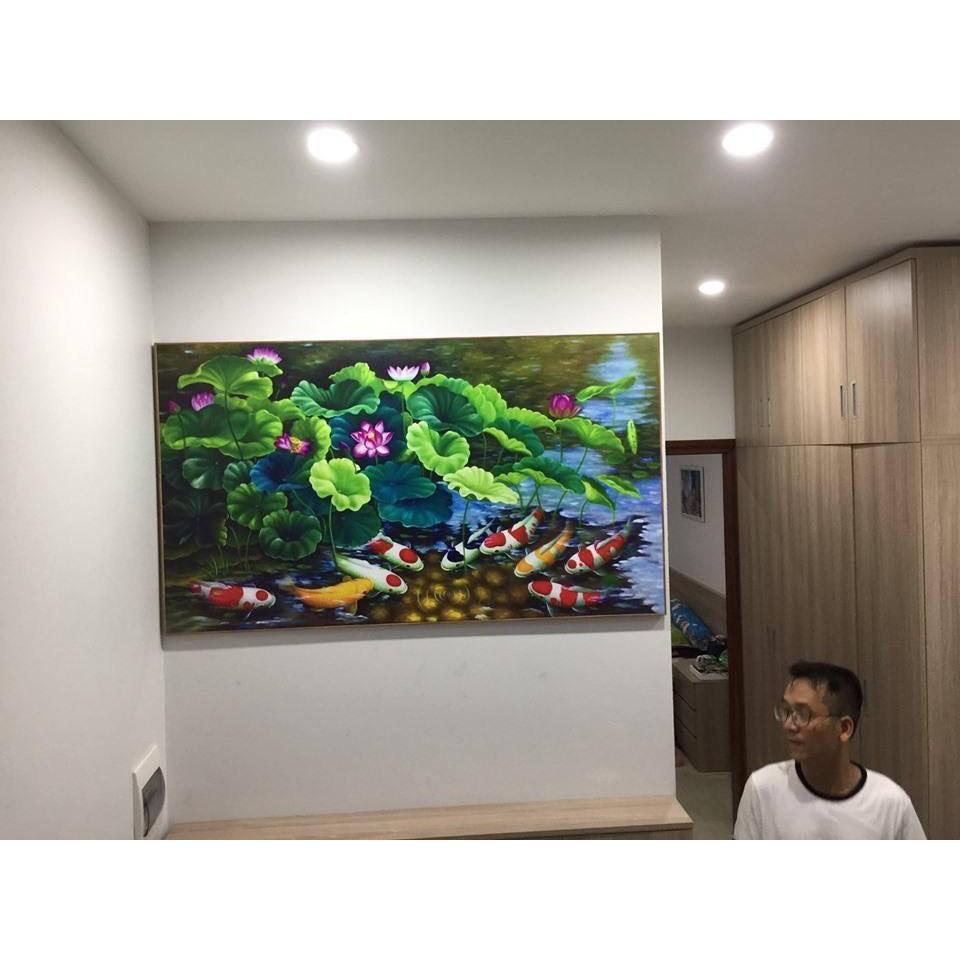 Tranh Cửu Ngư Quần Hội - Tranh cá chép hoa sen treo phòng khách - Tranh cá phong thủy 3D