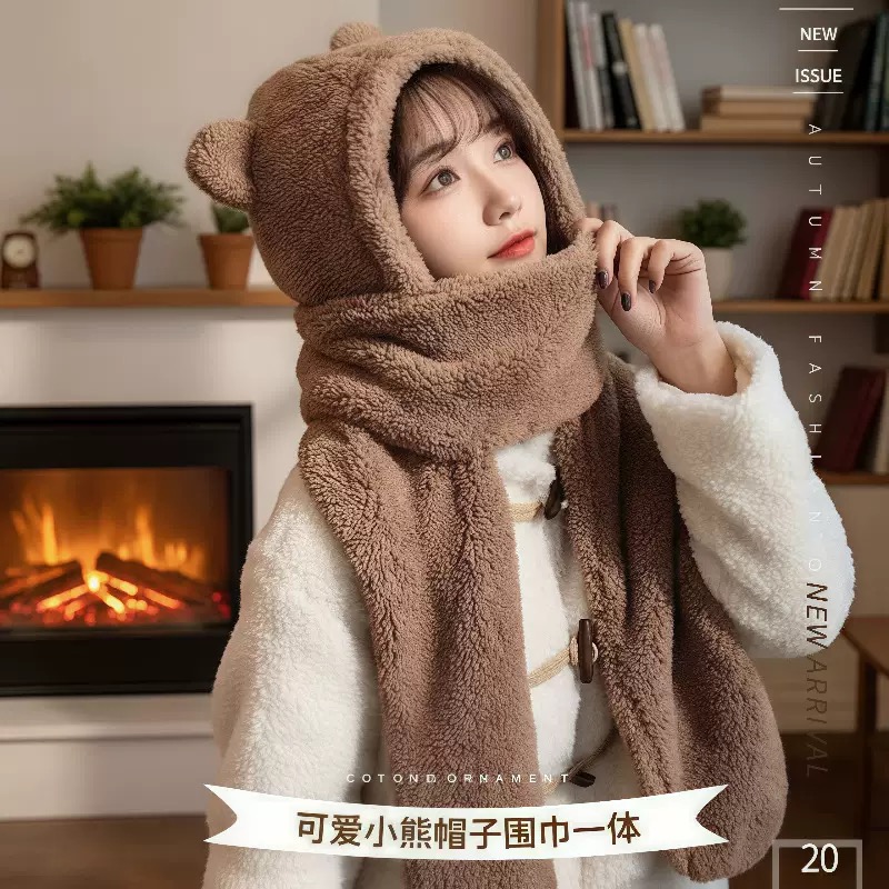 Mũ khăn quàng cổ mũ lông gấu có găng tay thời trang siêu dễ thương giữ ấm dành cho nữ
