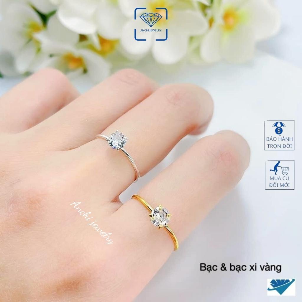 Nhẫn bạc đá nhỏ nhô cao màu trắng giá rẻ, nhẫn nữ mạ vàng, Anchi jewelry