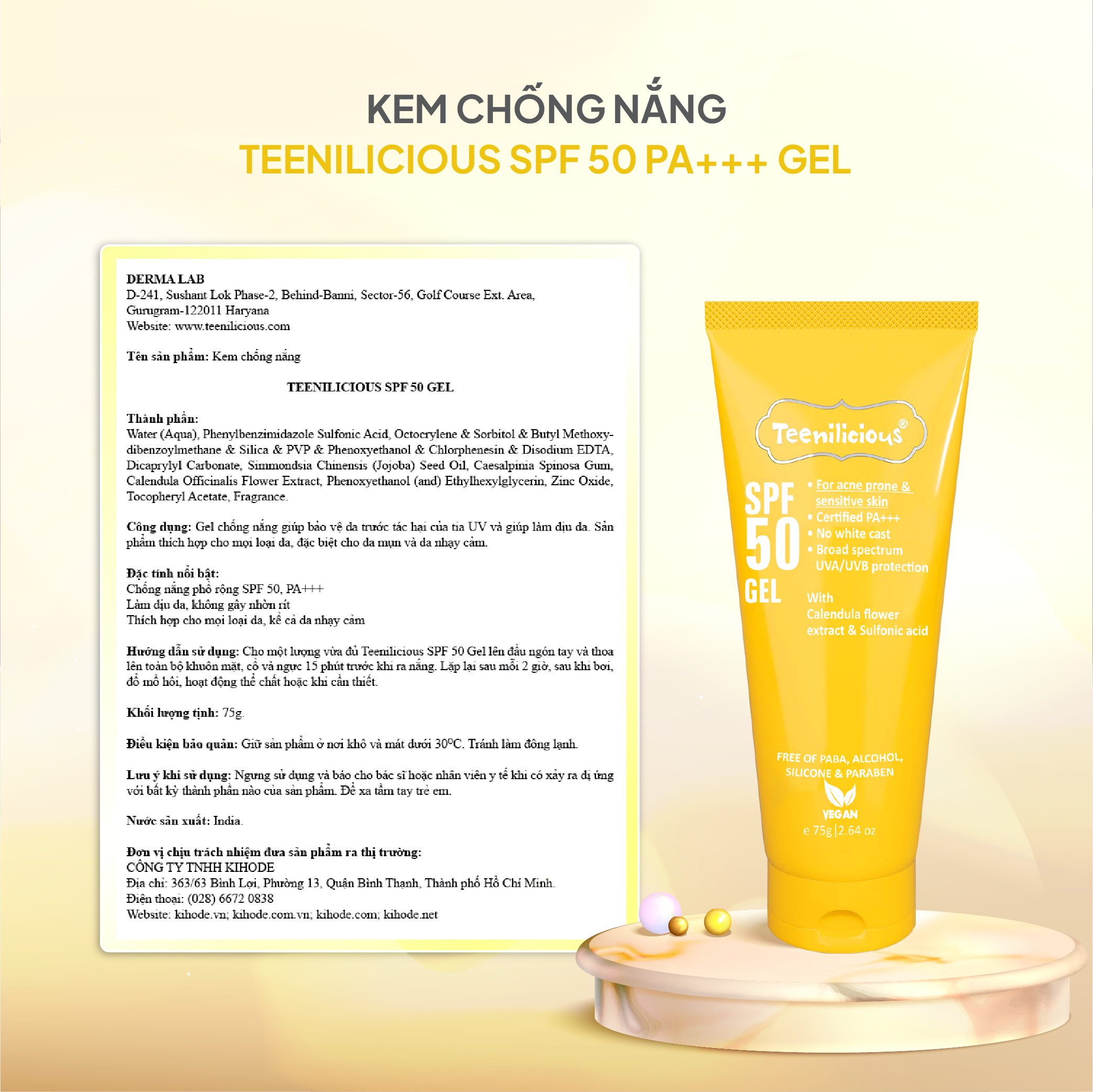 Kem Chống Nắng Teenilicious SPF 50 PA+++ Gel Mỏng Nhẹ Dành Cho Da Dầu Mụn Và Nhạy Cảm 75g