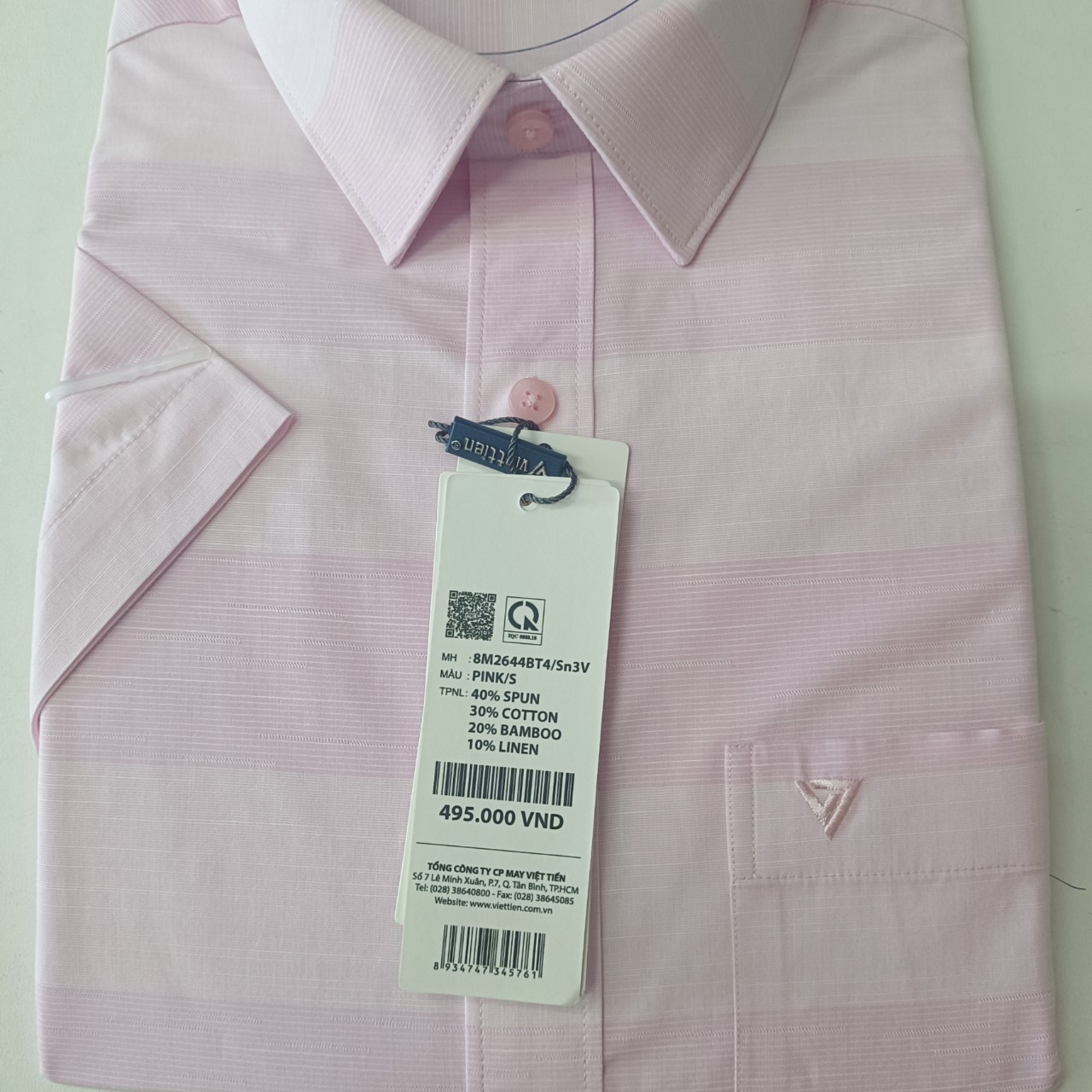 Viettien- áo sơ mi nam Việt Tiến ngắn tay vạt ngang mã 8M2644BT4/SN3V vải vải cotton, sợi tr, form regular fit ( ôm vừa