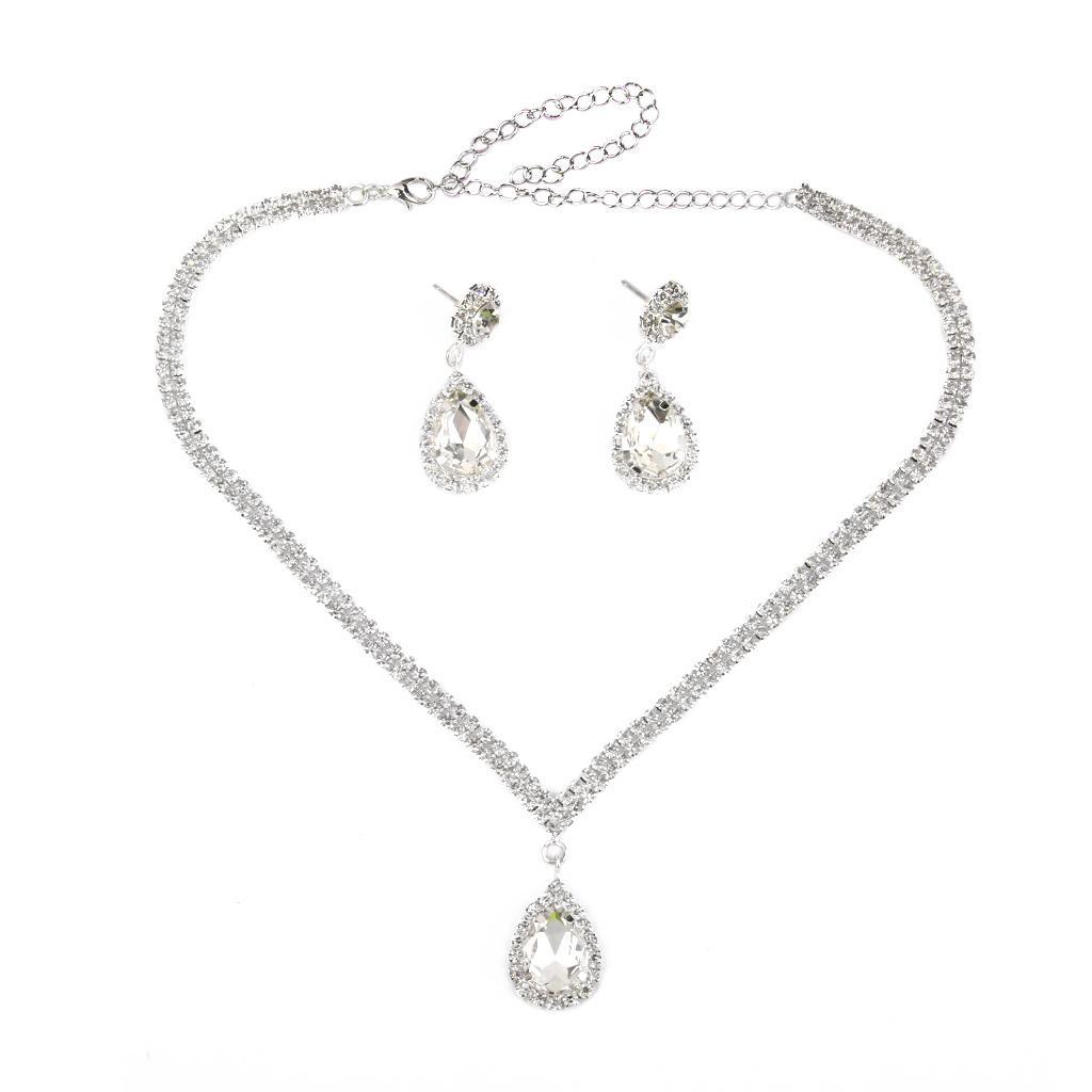 Wedding Prom Bridal Crystal Diamante Tear Drop Necklace Earrings Jewelry Set