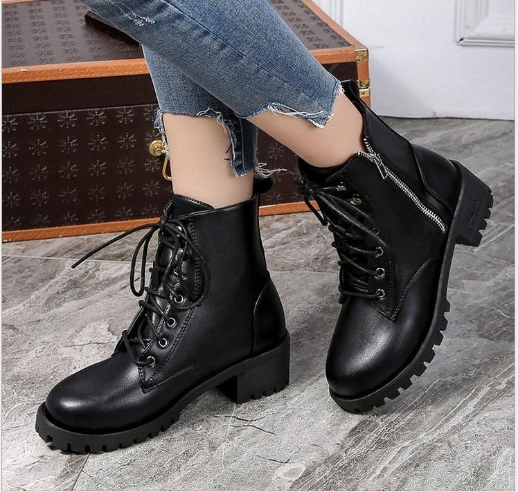 Giày boot nữ đế vuông cá tính cao 5cm khóa kéo kết hợp cột dây cá tính B145