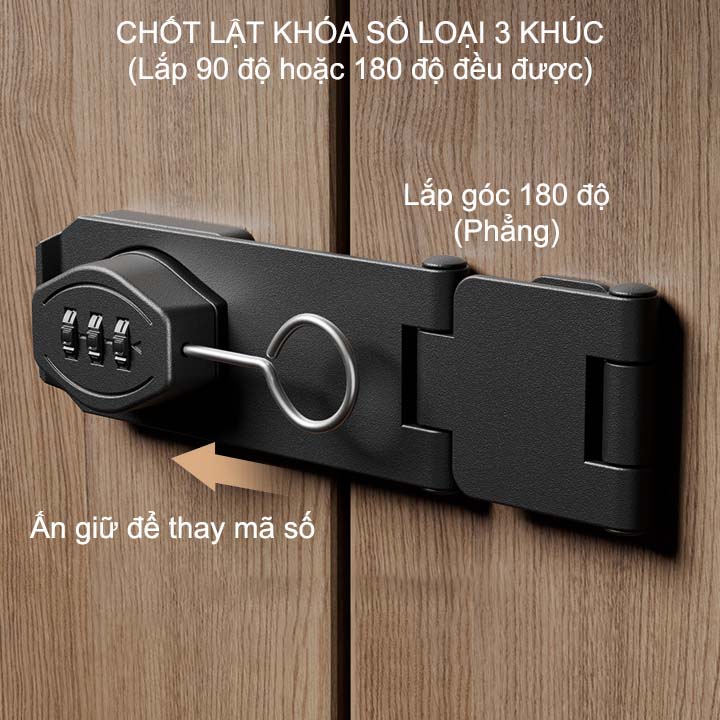 Chốt lật có khóa số, loại 3 khúc góc 90-180 độ đều được, dùng cho cửa, hòm, tủ, ngăn kéo bàn, bằng thép mạ chống gỉ