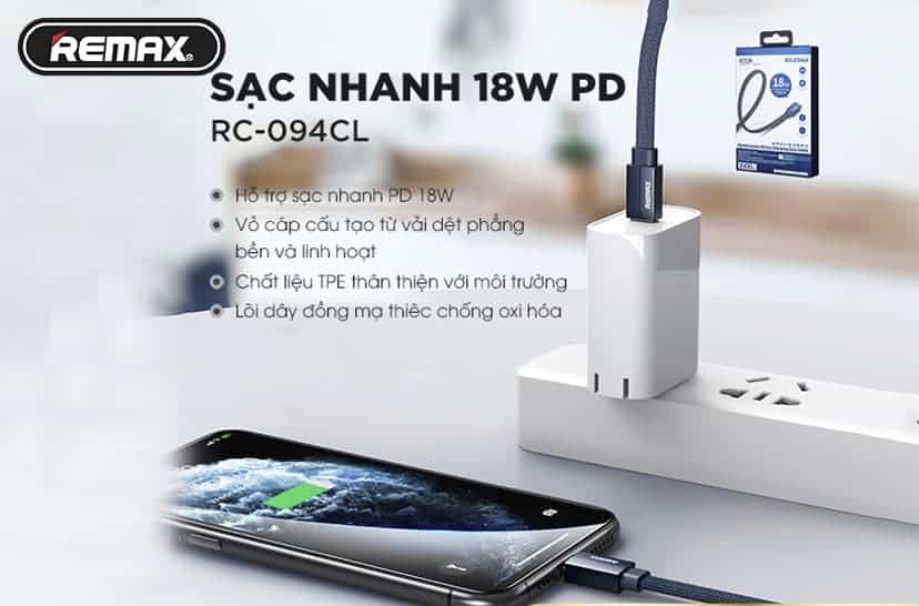 Cáp Sạc Nhanh 18W Remax RC-094CL - Dành Cho iPhone 8-&gt;12Pro Max - Hàng Chính hãng