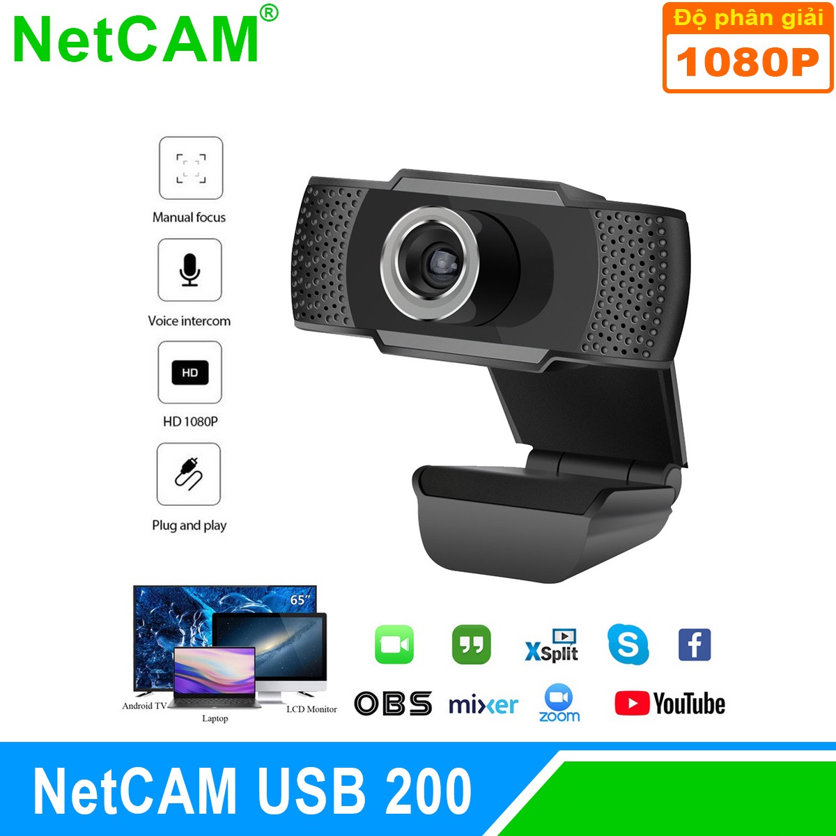 Webcam NetCAM USB 200 độ phân giải 1080P - Hàng Chính Hãng