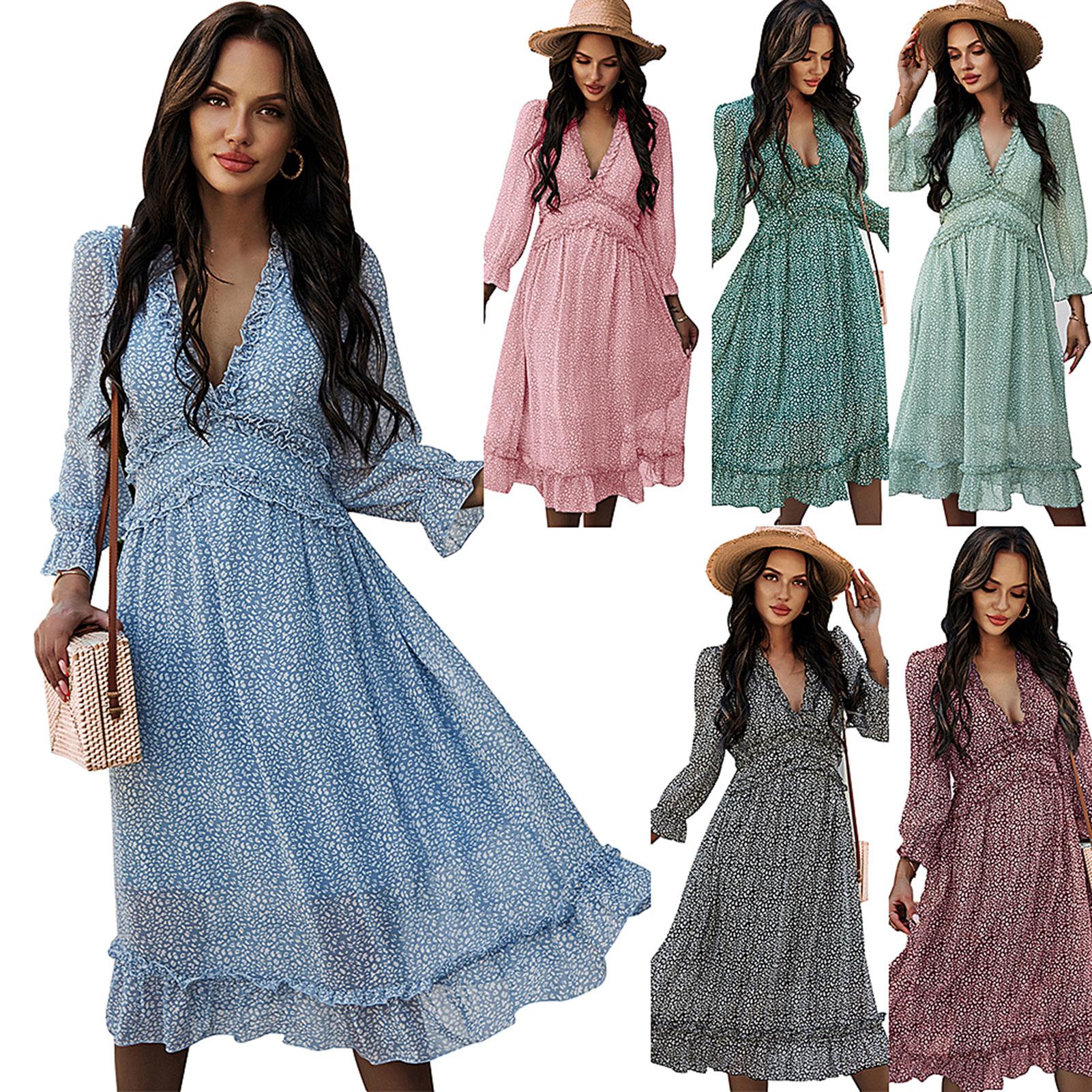 Women Dress Floral V Neck Ruffle High Waist Puff Long Sleeve Chiffon Casual Loose Long Dress