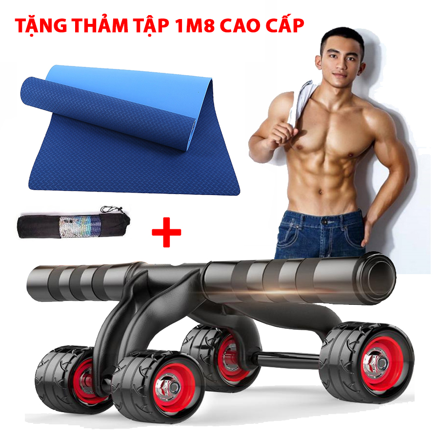 Con Lăn Tập Cơ Bụng 4 Bánh Cao Cấp Tặng Thảm Tập Yoga