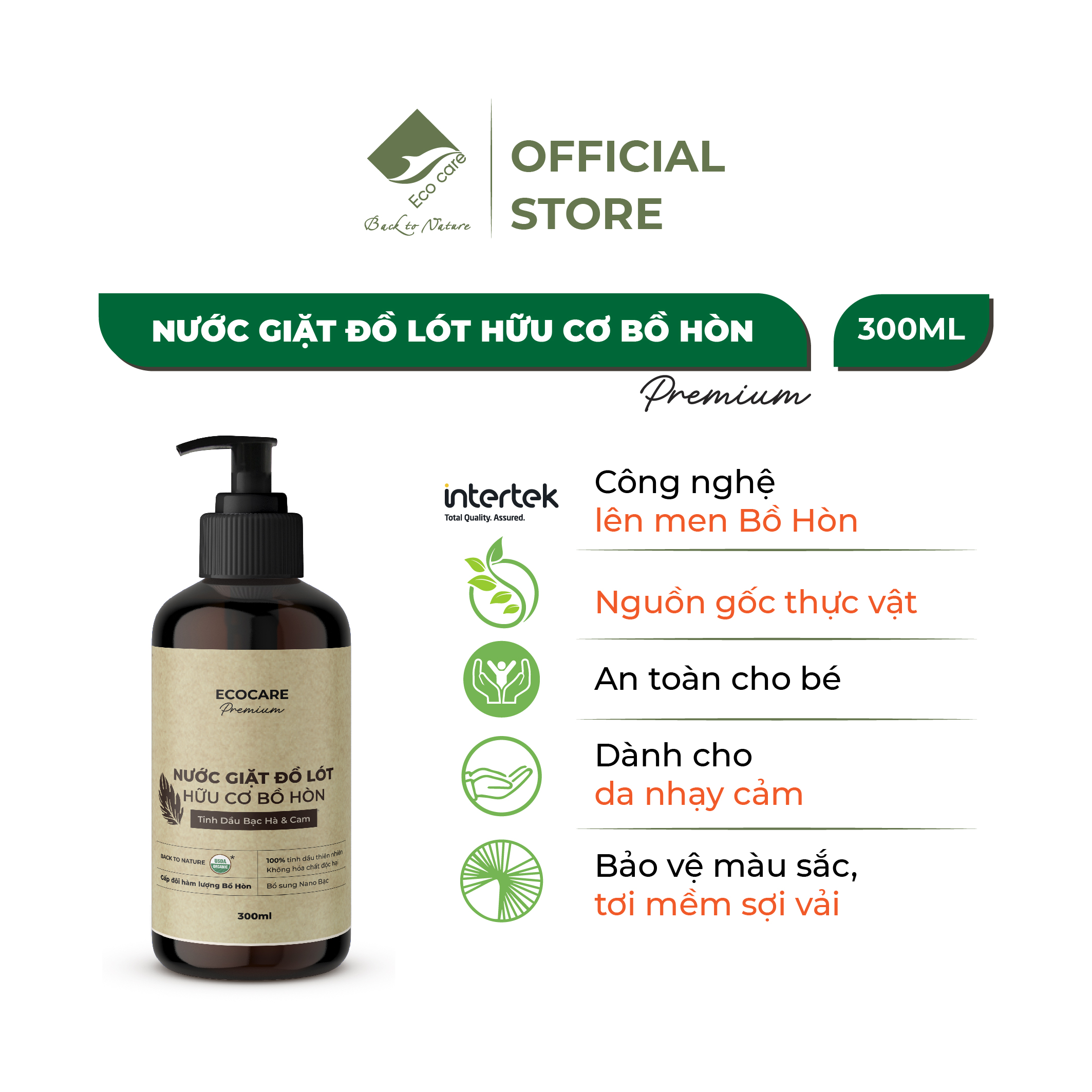 Nước giặt đồ lót hữu cơ cao cấp Bồ hòn Ecocare tinh dầu Bạc Hà & Cam - Chai 300ml