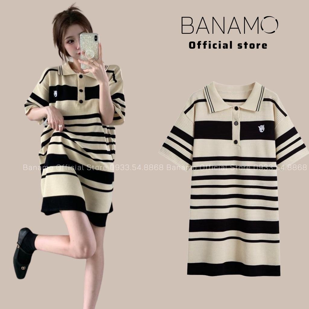 Đầm váy nữ polo dệt kim tay ngắn dáng rộng họa tiết kẻ ngang Thời Trang Banamo Fashion váy kẻ ngang 544