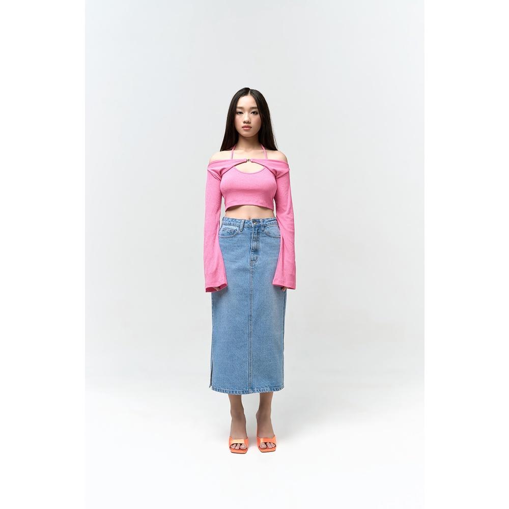 DOTTIE - Chân Váy Jean suông xẻ tà nữ xanh nhạt S0108