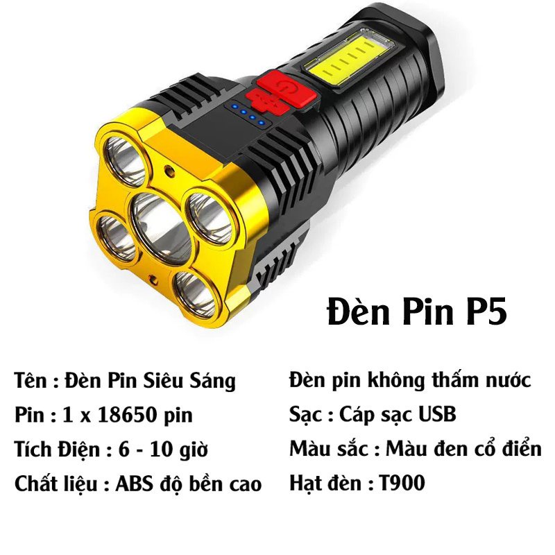 Đèn pin siêu sáng 5 bóng với 4 chế độ sáng thiết kế nhỏ gọn tiên lợi, Đèn tích điện siêu sáng cầm tay độ sáng cao