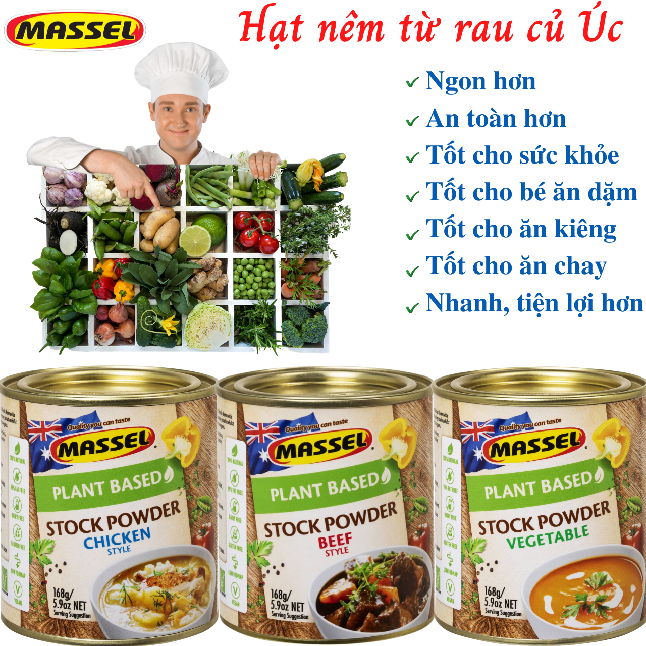 Hình ảnh Hạt nêm rau củ Massel Úc 100% từ rau củ thảo mộc bảo vệ sức khỏe, dành cho ăn chay, ăn mặn, ăn kiêng, và cho bé ăn dặm - Massel Official