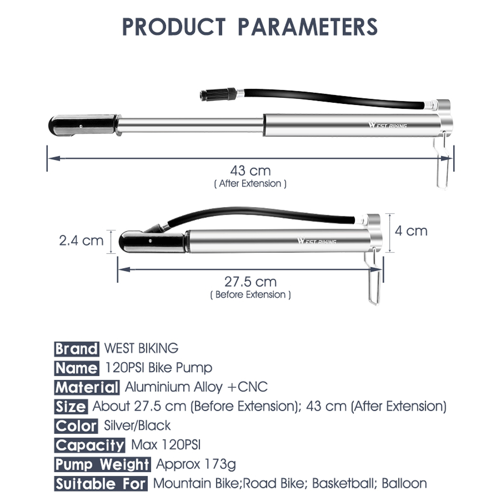 WEST BIKING Ống Bơm Hơi Mini Cầm Tay Bằng Hợp Kim Nhôm