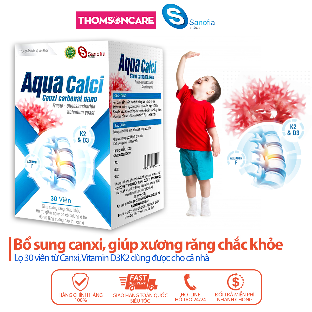 Calci D3 Aqua Canxi Sanofia giúp xương răng chắc khỏe cho bé, giảm nguy cơ loãng xương ở người lớn từ Vitamin d3k2 - Lọ 30 viên