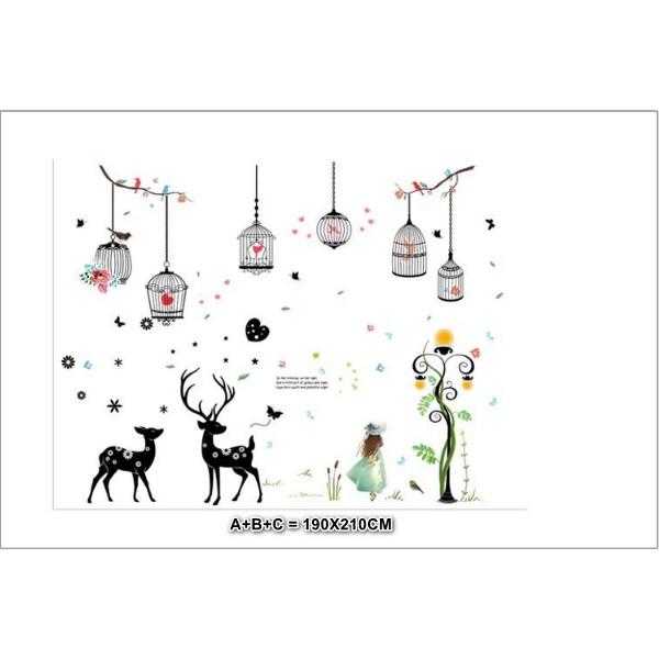 COMBO 3 DECAL GHÉP ĐÔI DÁN TƯỜNG - DÂY LỒNG CHIM KẾT HỢP CẶP NAI ĐEN VÀ BÉ GÁI ĐÁNG YÊU