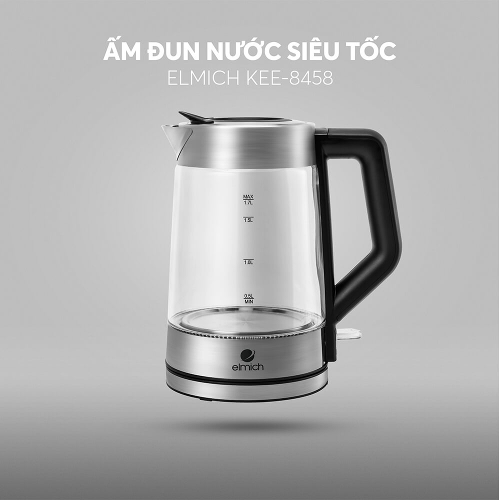 Ấm Đun Nước Siêu Tốc Thuỷ Tinh Elmich KEE-8458 1.7L 2200W, Hàng Chính Hãng, Đèn Led Cảm Biến-JoyMall
