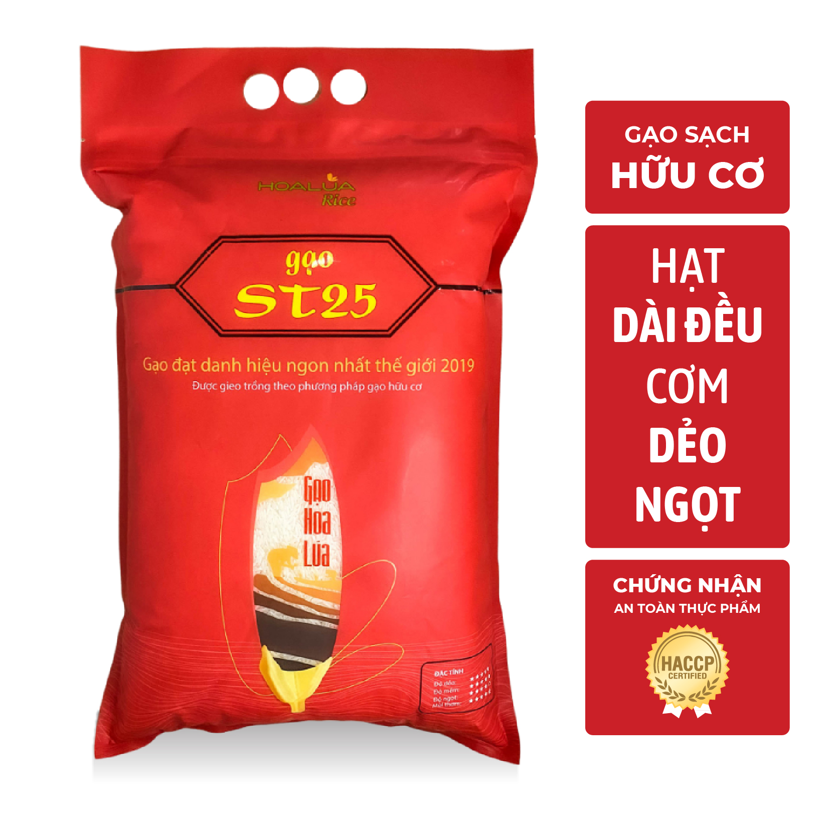 Gạo ST25 túi 5kg - Dẻo nhiều, mềm cơm, có vị ngọt đậm, thơm lá dứa.