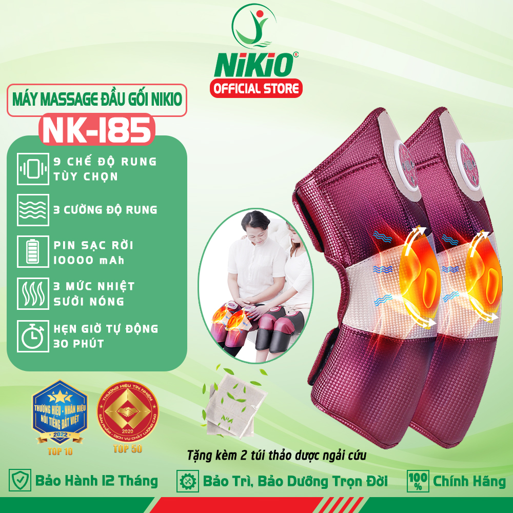 Máy Massage Đầu Gối Nikio NK-185 - Matxa Rung Kết Hợp Chườm Nóng Giúp Khớp Gối Thư Giãn, Giảm Đau Nhức - Tặng Kèm 2 Túi Thảo Dược Ngải Cứu - Pin Sạc Tiện Lợi