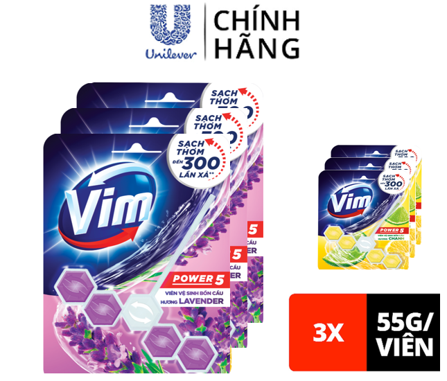 Combo Viên tẩy bồn cầu 55G x 3 VIM Power 5 hương Oải hương Sạch Khuẩn Thơm Mát suốt 30 ngày