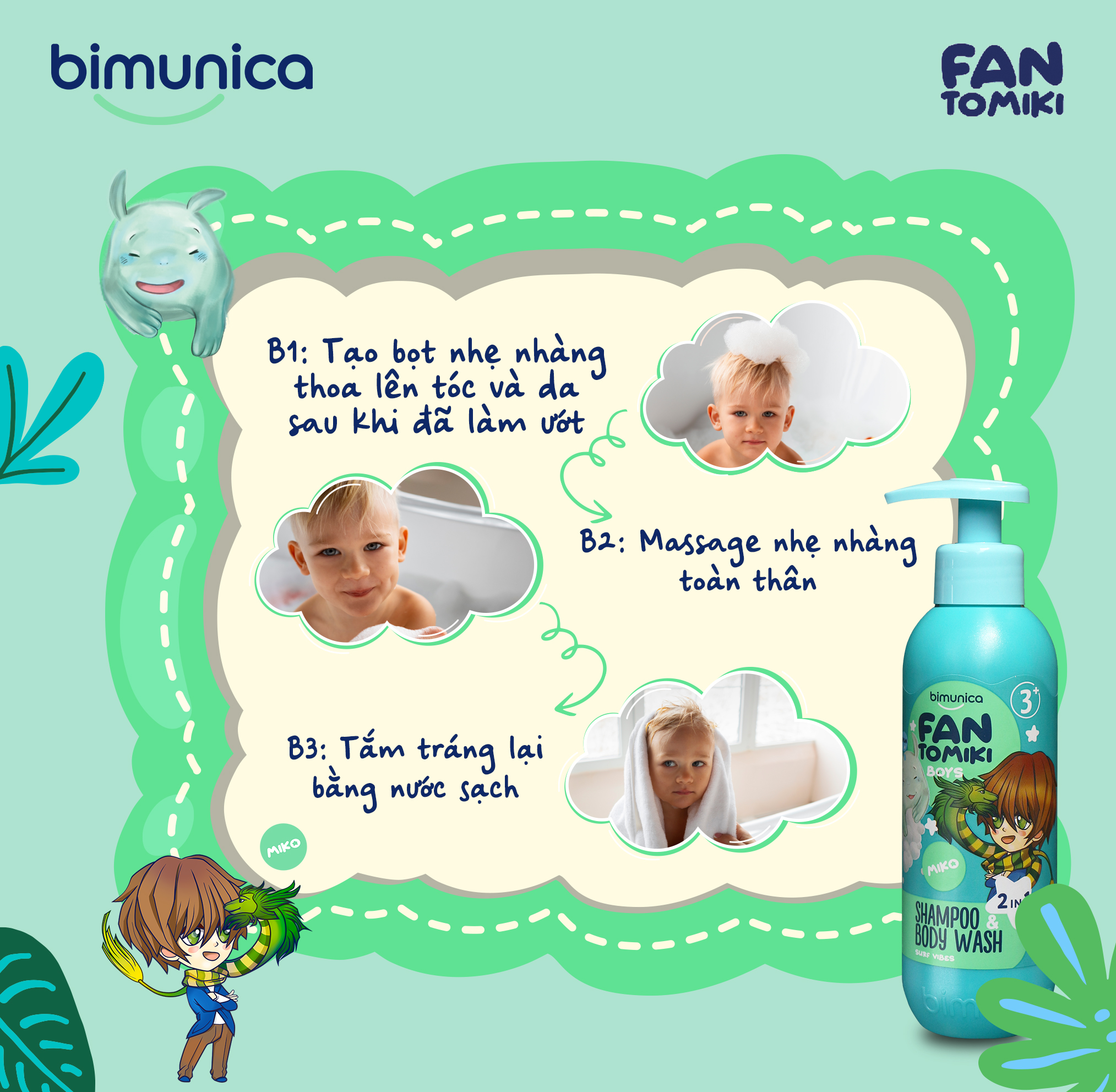 Sữa Tắm Gội 2in1 BIMUNICA Fantomiki Cho Bé Trai từ 3 Tuổi - 250ml Không Cay Mắt, Làm Sạch, Làm Mềm