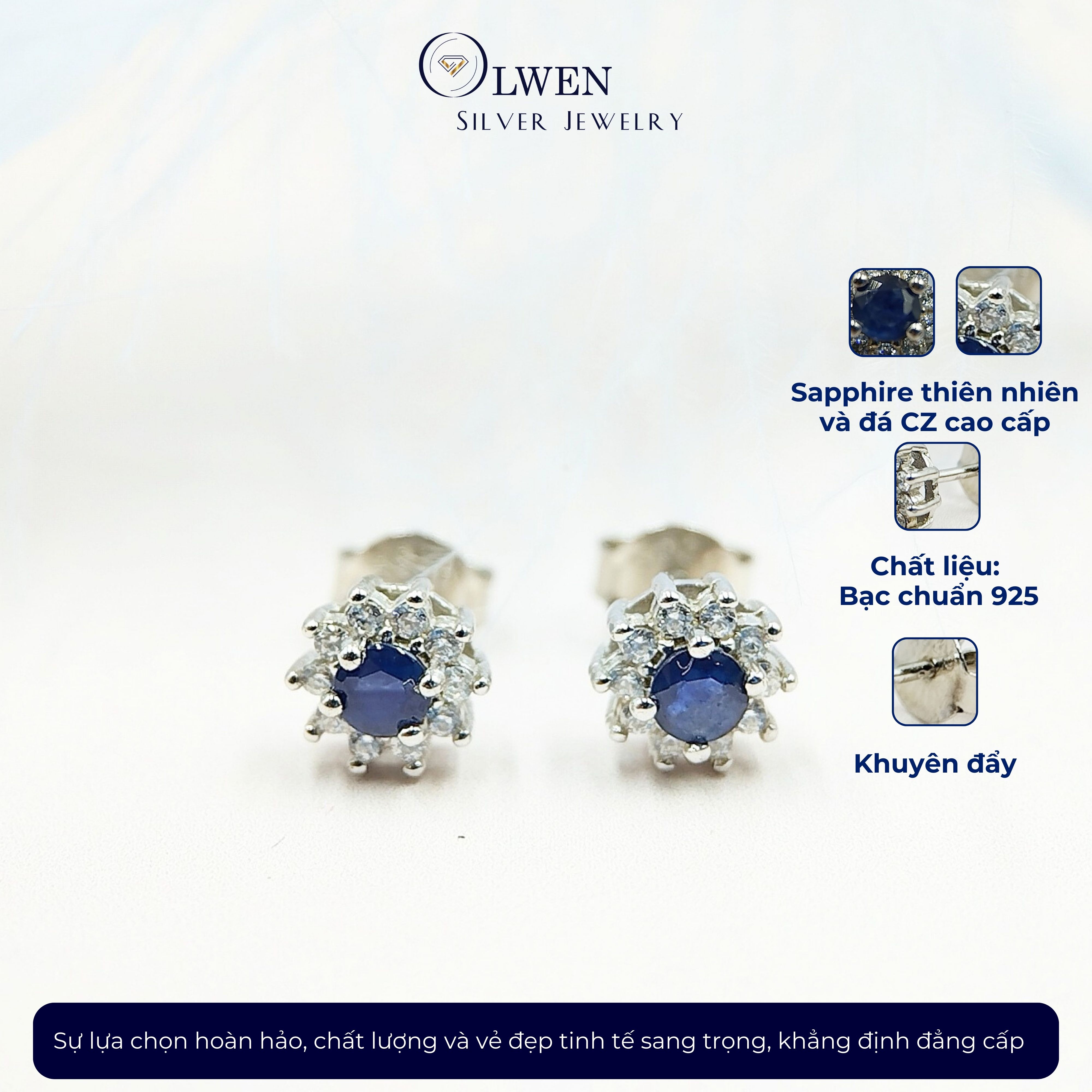 Đôi Bông Tai Nữ Bạc 925 Olwen Đính Đá Phong Thủy Sapphire