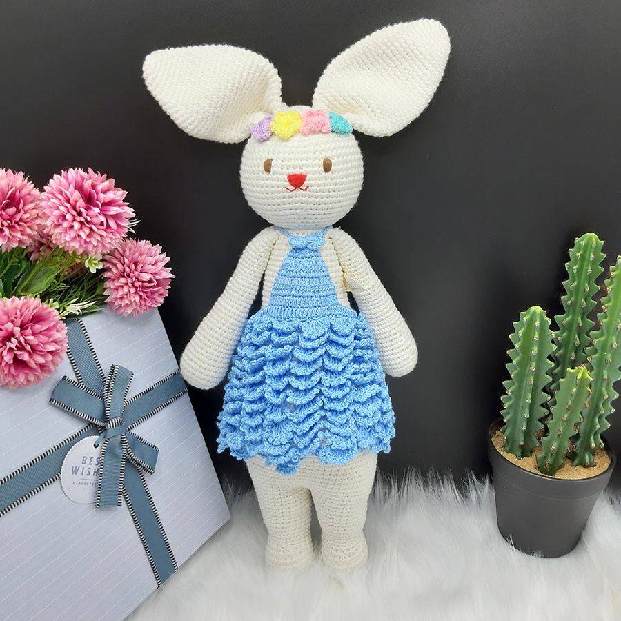Gấu bông móc len Amigurumi cao cấp - Thỏ Lala trắng váy yếm màu, đồ chơi nhồi bông hình thỏ Lala