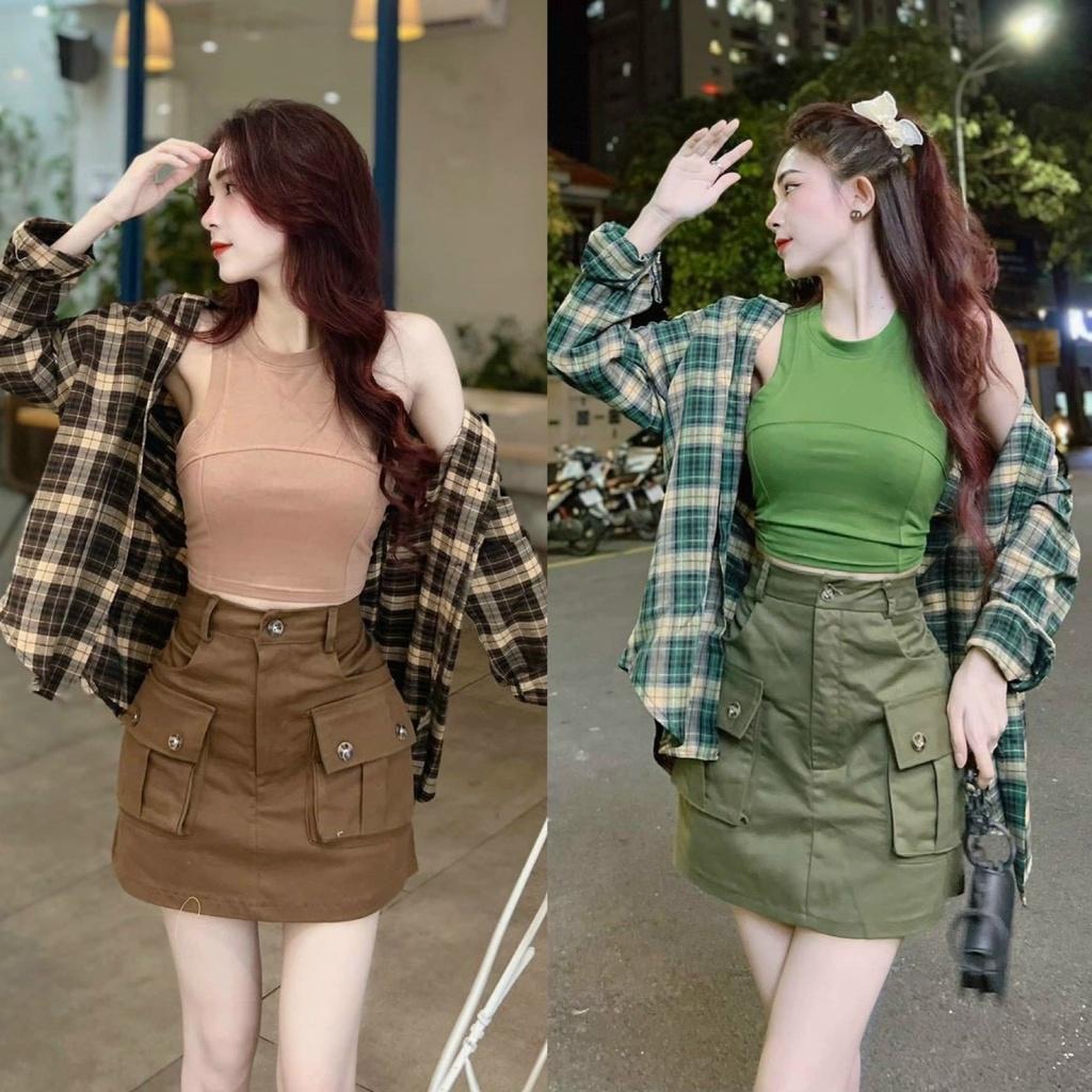 FREE SHIP Set bộ đồ nữ 3 món áo ba lỗ croptop mix chân váy chữ A cá tính phối kèm áo khoác cùng vải KIM GIA DS
