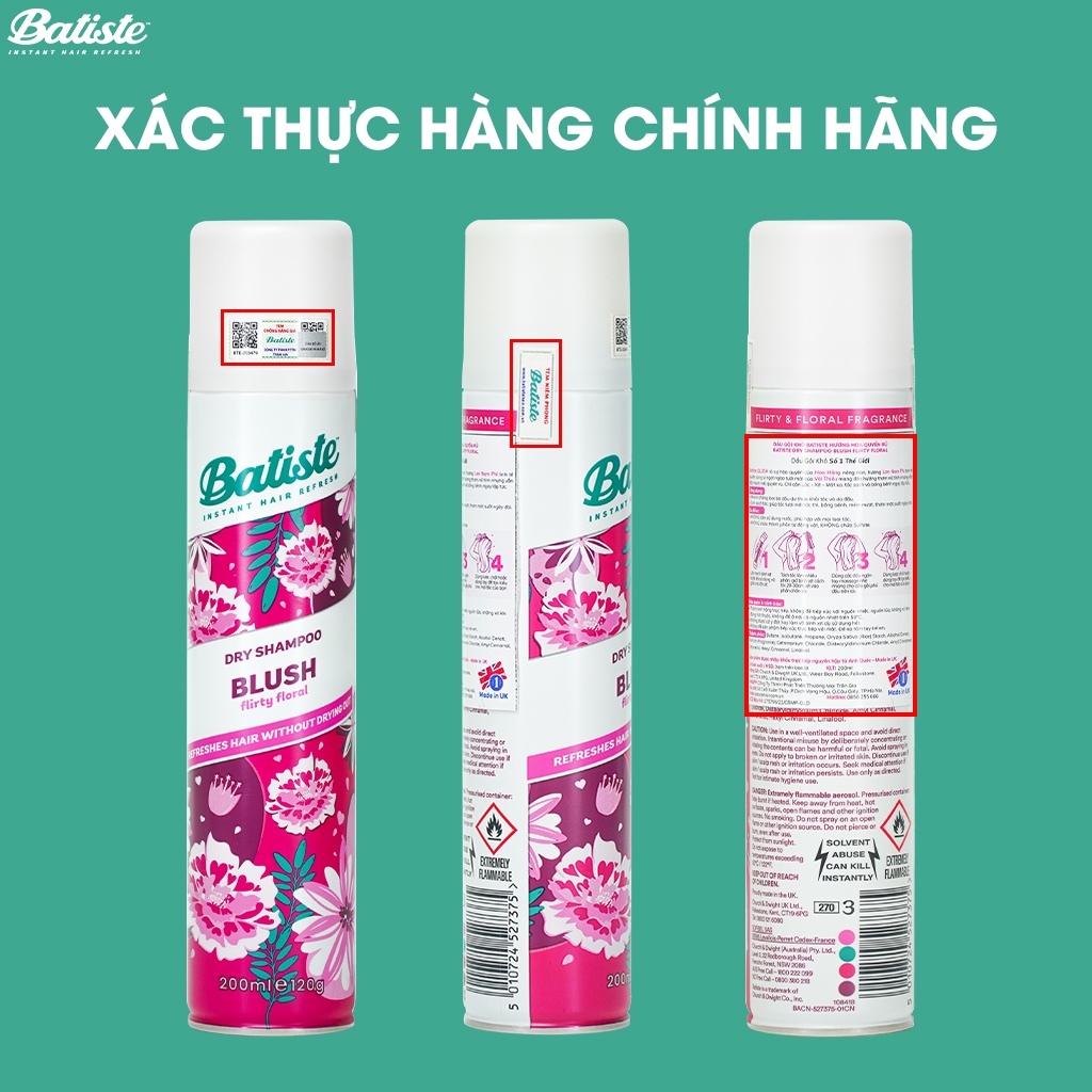 Dầu gội khô Batiste hương hoa quyến rũ- BATISTE DRY SHAMPOO FLORAL & FLIRTY BLUSH 200ML