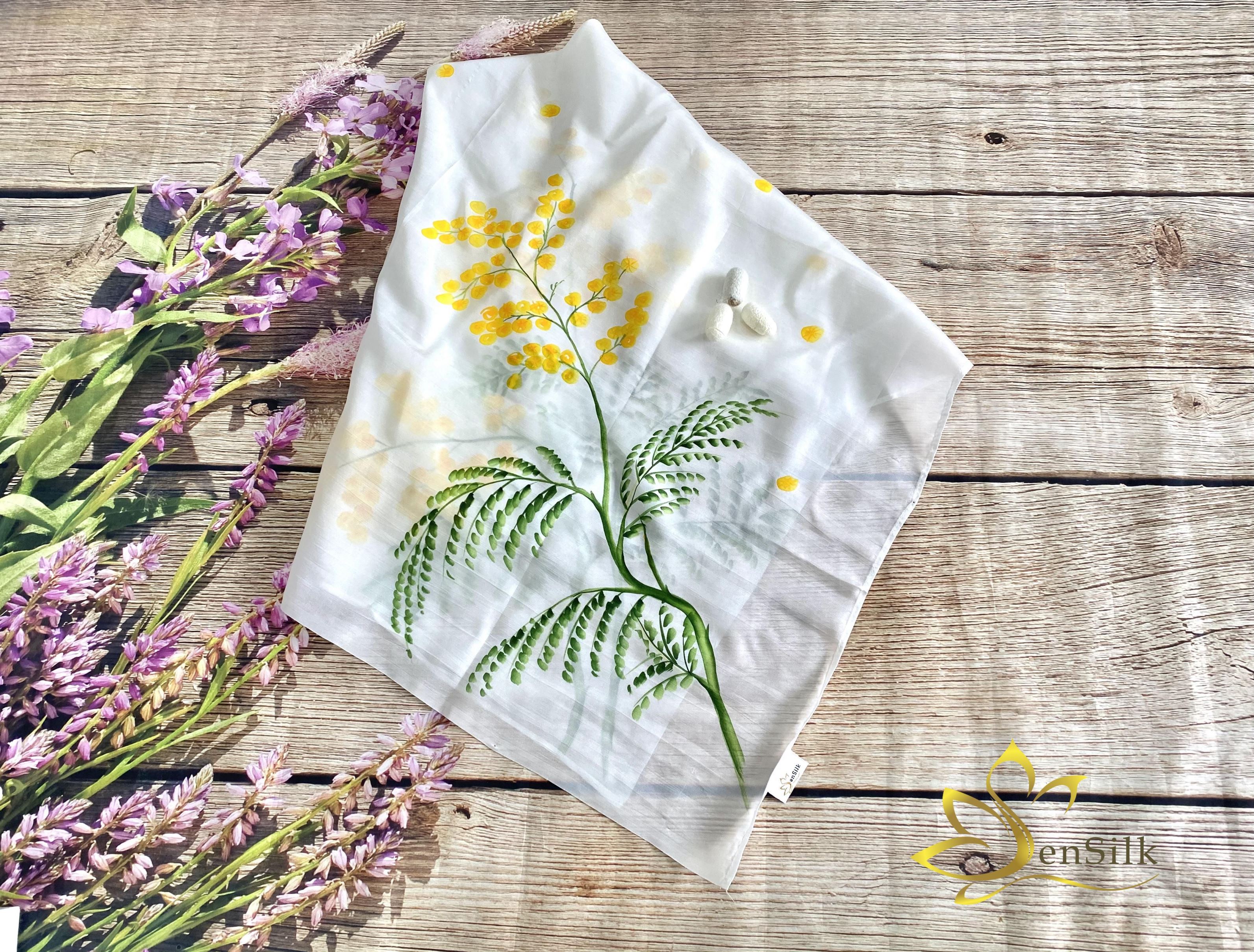 Khăn Lụa Handmade Vẽ Hoa Mimosa SenSilk – Quà Kỷ Niệm Tình Yêu, Khăn Vuông Thời Trang 75*75