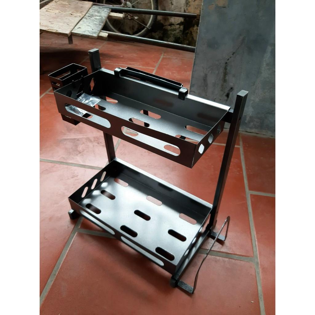 Kệ gia vị 2 tầng thép đen có chỗ để dao thớt - để đồ nhà bếp đa năng