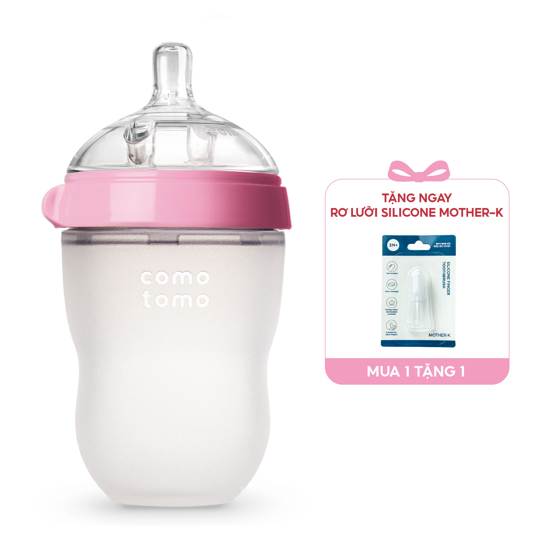 Bình sữa silicone Comotomo 250ml - Hồng Tặng Rơ lưỡi Silicone Mother-K Hàn Quốc