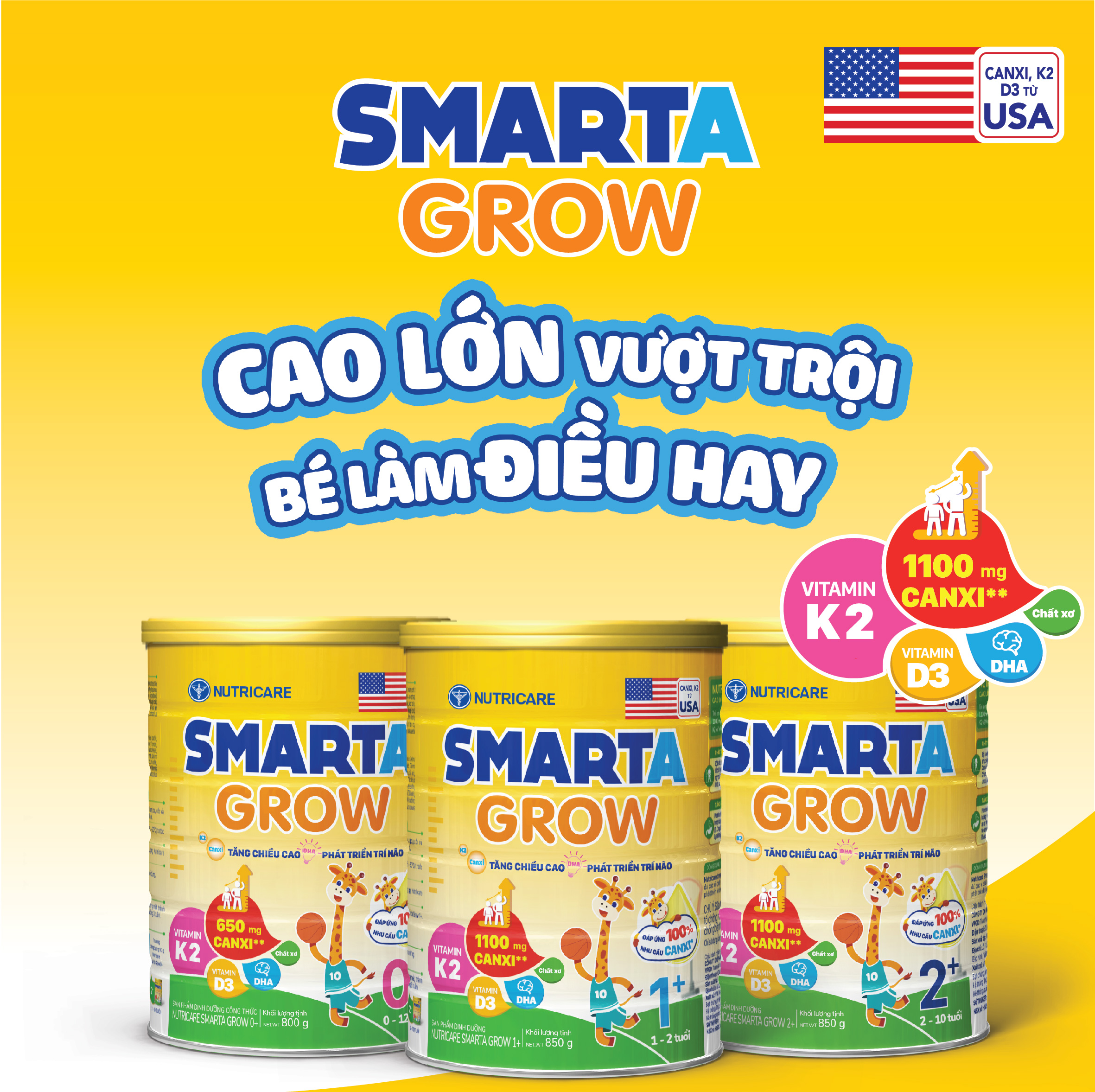 [Tặng 2 lọ yến] Sữa bột Nutricare Smarta Grow 1+ dinh dưỡng cho trẻ thấp còi 850g