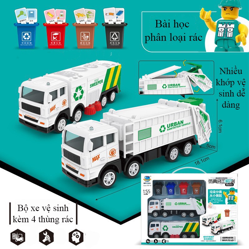 Bộ xe đồ chơi vệ sinh môi trường KAVY gồm 2 xe, 4 thùng rác có hộp đựng tiện lợi
