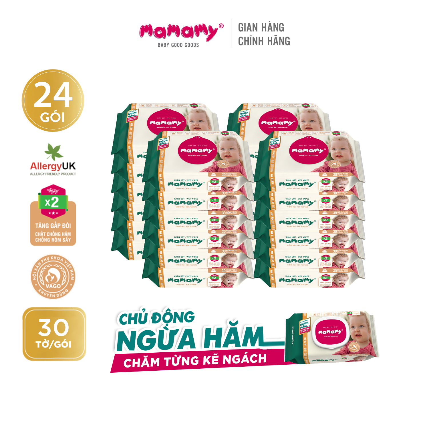 Combo 24 gói khăn ướt ngừa hăm, rôm sảy Mamamy 30 tờ/ gói kháng khuẩn, an toàn cho trẻ sơ sinh