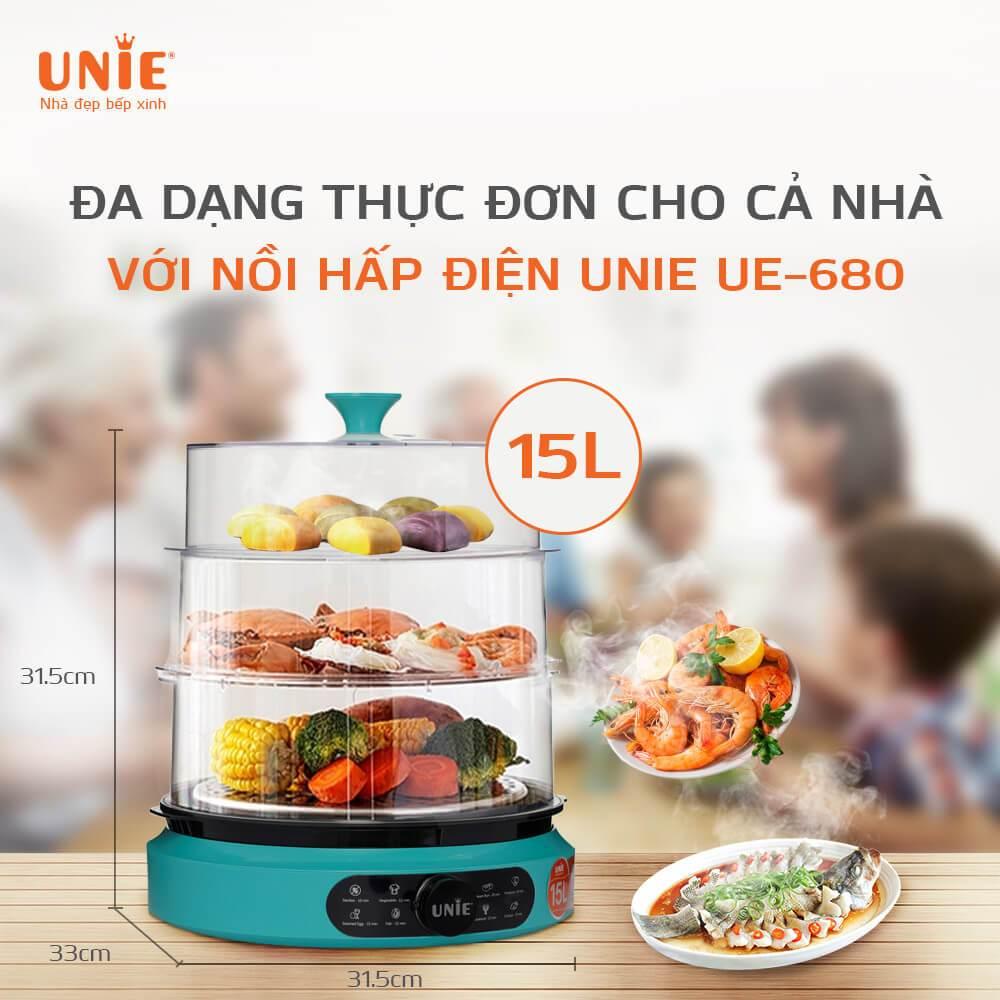 Nồi Hấp Điện 3 Tầng UNIE UE680, 15Lit - 1000w, Hấp Siêu Nhiệt Đa Chiều, Hàng Chính Hãng