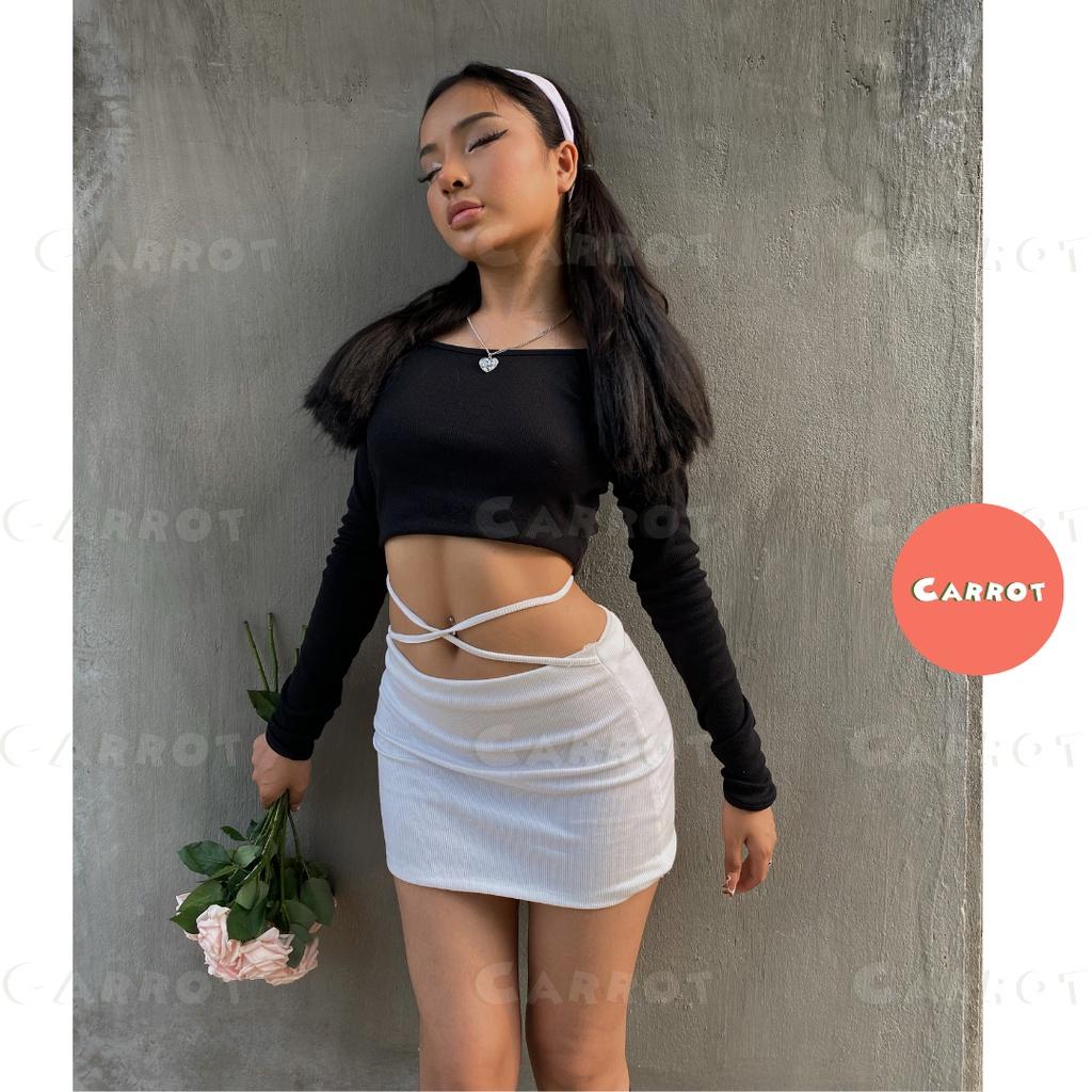 Croptop đen tay dài chân váy trắng basic ôm eo cột dây tôn dáng chất thun trendy thời trang nữ carrotxinhdep