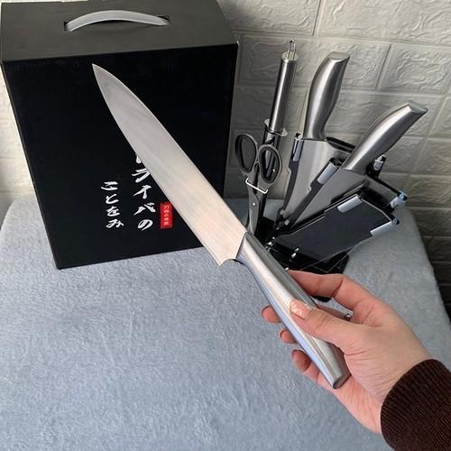 Bộ dao kéo Nhật SEKI 06 món kèm khay đựng bộ dao nhà bếp có đế cắm làm từ thép không gỉ siêu bền
