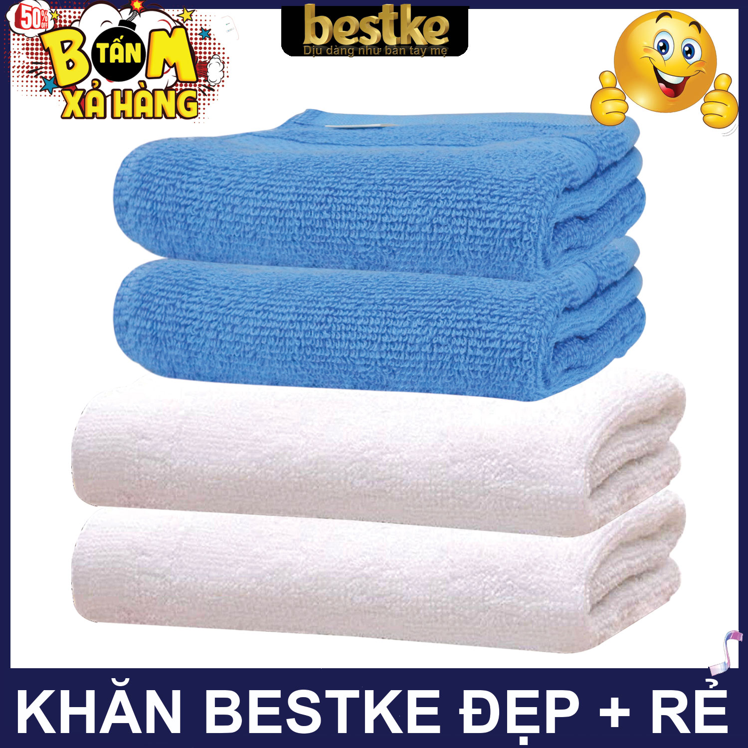 Combo 2 Khăn gội và 2 khăn mặt bestke 100% cotton, 2 màu trắng + 2 xanh, KT 83*33cm + 48*28cm, cotton towel, bestke towel