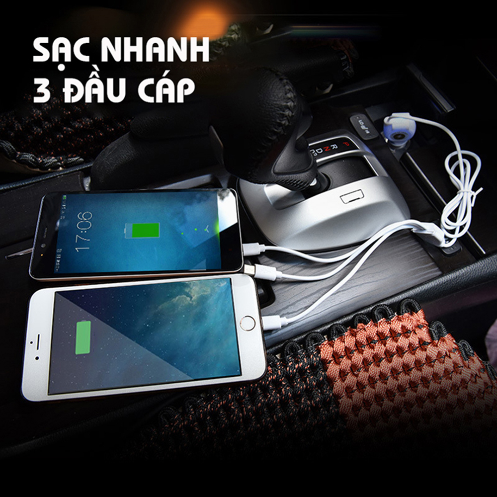 Tẩu Sạc Xe Hơi Đa Năng 3.1A 3 Đầu Cáp (Type-C/Lightning/Micro USB)